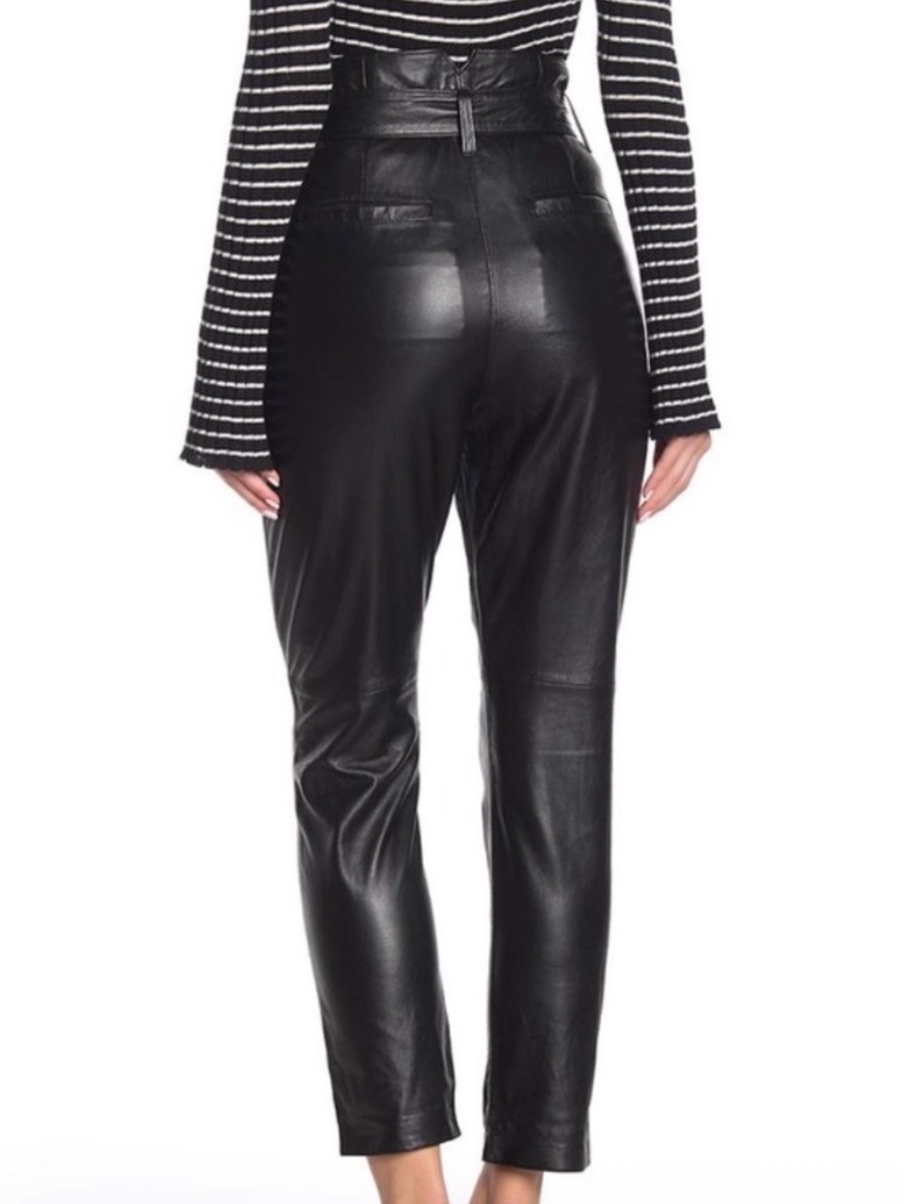 Joie Black Lamb Leather Paperbag Waist Straight-Leg Pants - Picture 2 of 2